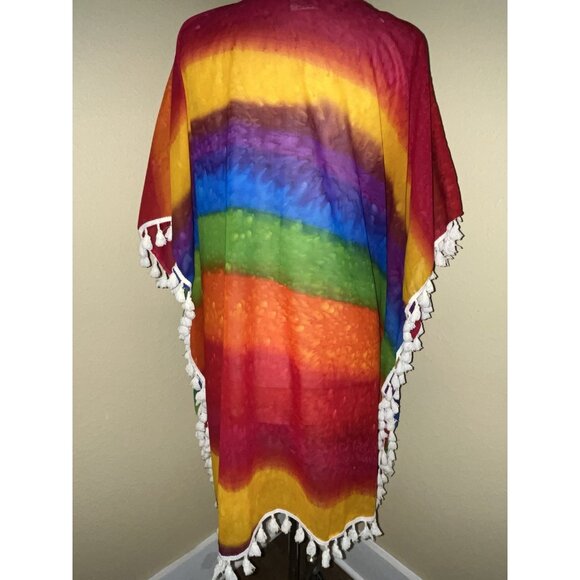 CYN Rainbow Kimono Cover Up Tunic Dress Artsy Boho Tassels Lace ONE SIZE - Picture 6 of 9